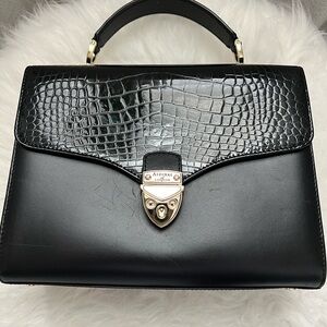 Black Leather Satchel with Croc Embossed Texture
